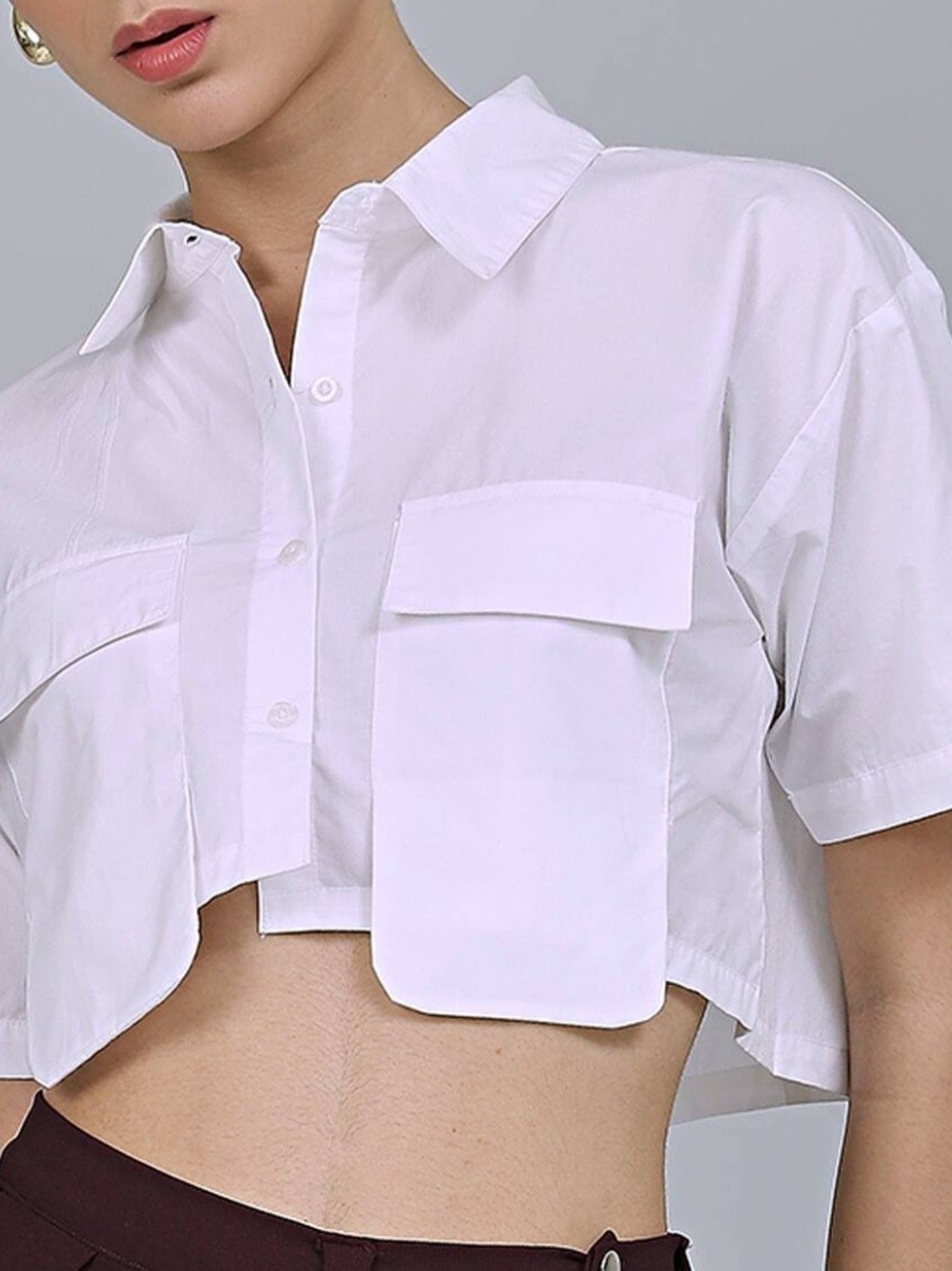 SHEIN White Cropped Button-Front Pocket Shirt